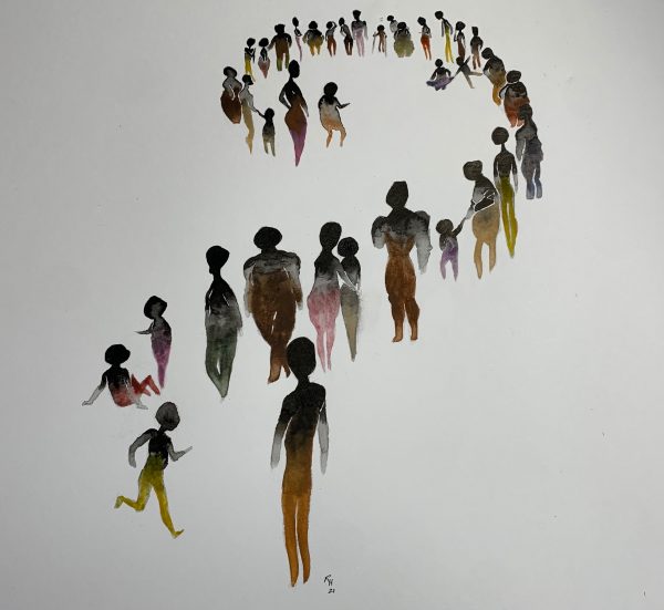 A watercolor of people in a spiral formation represents the performance Eclipse by Tommy Noon and Murielle Elizeon